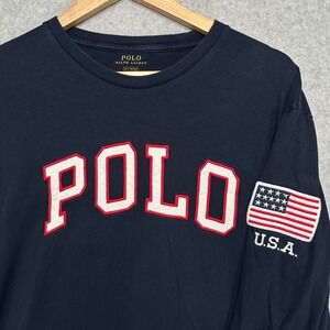 Polo Ralph Lauren Long Sleeve Spellout Shirt Mens M Navy USA Flag Sleeve Patch